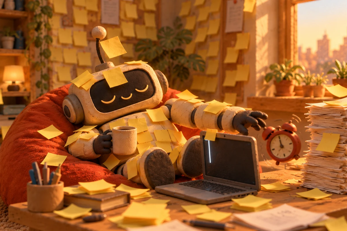 The robot reaching out with his eyes shut to silence a ringing alarm clock